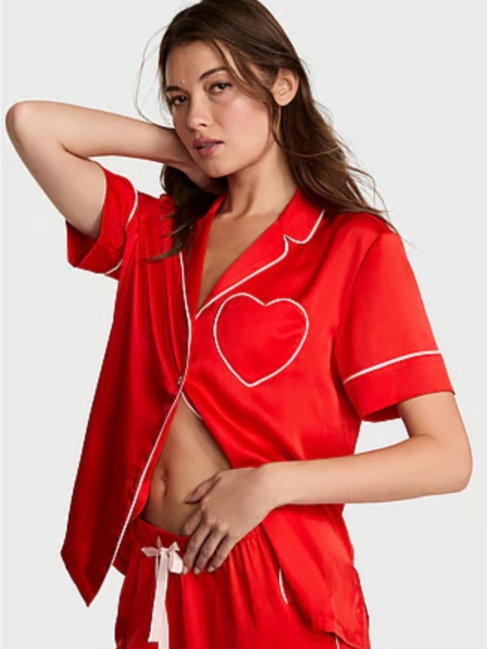 Victoria’s Secret Red Satin Heart-Trim Short Sleeve Pajama Shirt